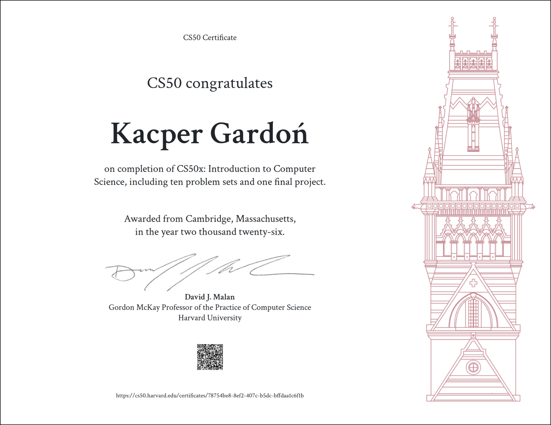 Certyfikat CS50x: Introduction to Computer Science – Harvard University, Kacper Gardonś 2026